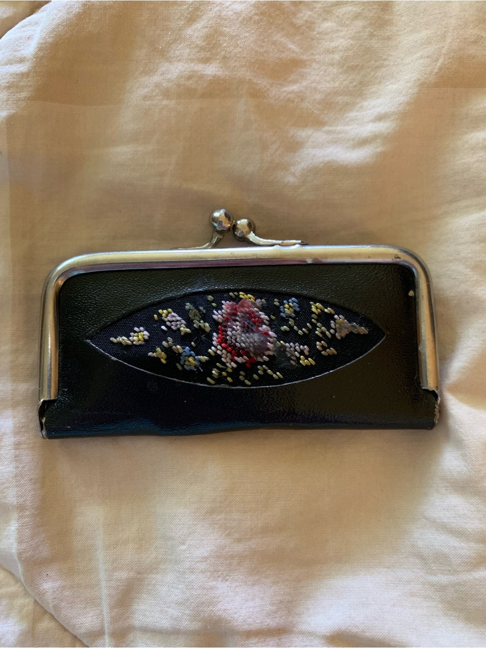 Vintage Black Floral Embroidered Frame Clasp Nail Kit Made in Austria